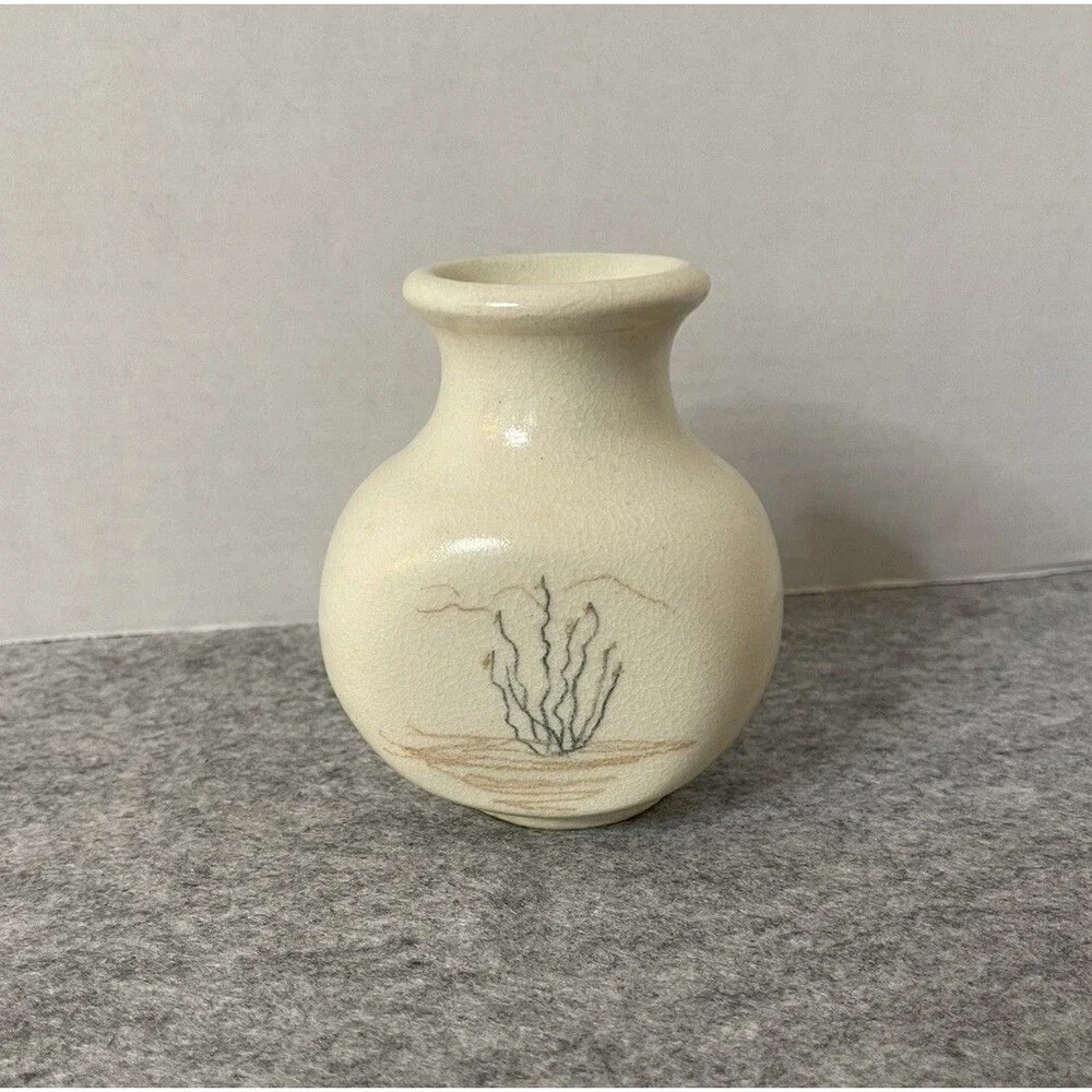 Vintage Southwestern Studio Art Pottery Vase Hand Painted Desert Cactus Mini
